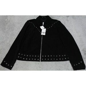 ZARA Suede Leather Jacket Men's Large Black Studded Zip Long Sleeve MSRP $229